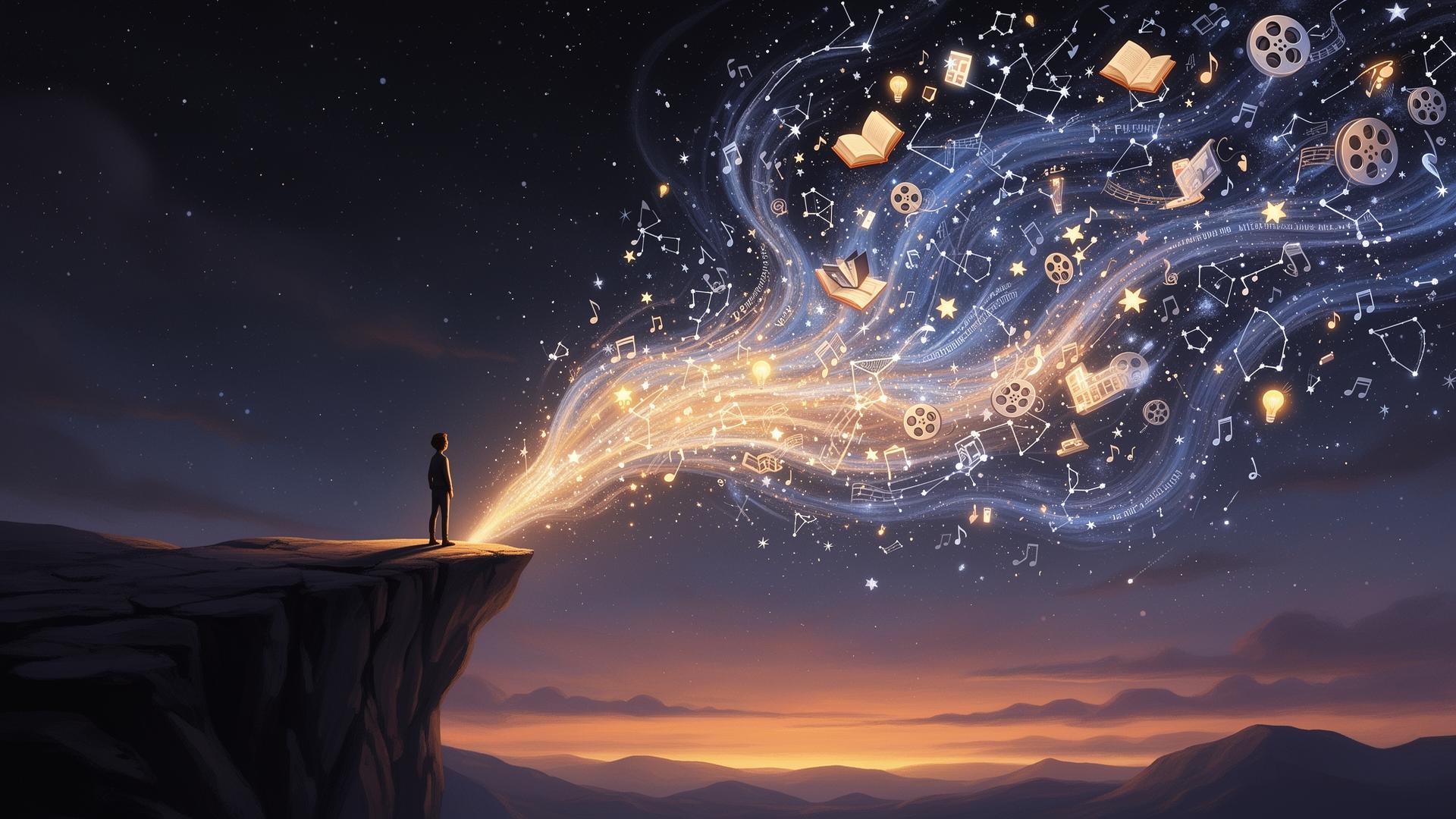 A figure standing at the edge of possibility, looking toward a horizon of stars, stories, and ideas converging into a luminous future.